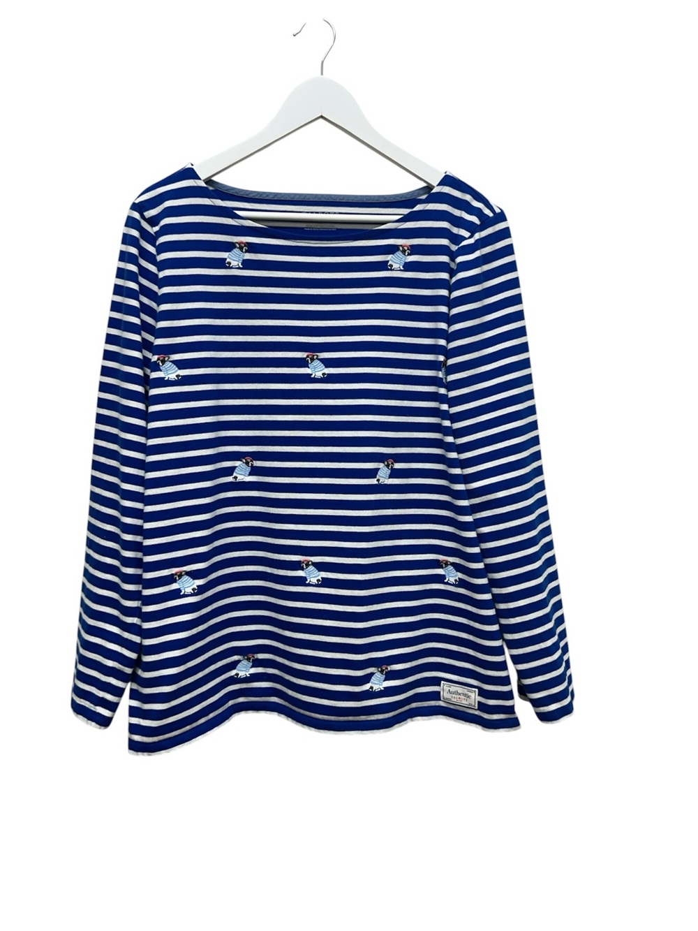Talbots XL French Bulldog Frenchie Embroidered Stripe Long Sleeve Cotton Top